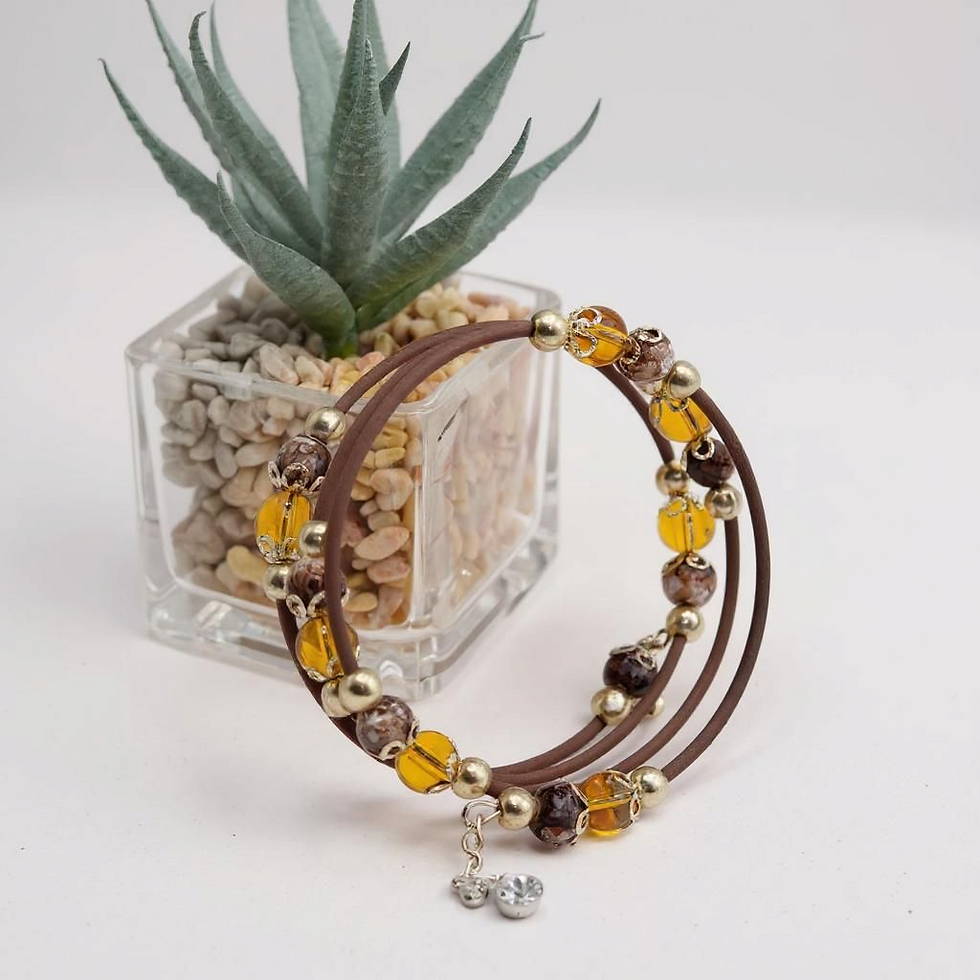 Brown leather wrap bracelet with gold and amber beads