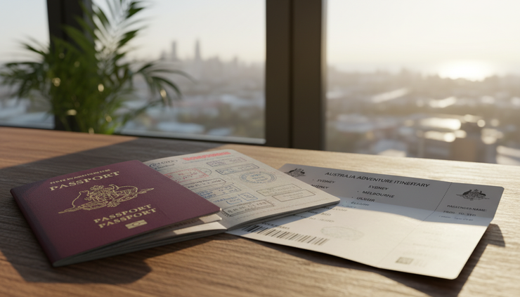 Close-up view of an open passport beside an Australian travel itinerary