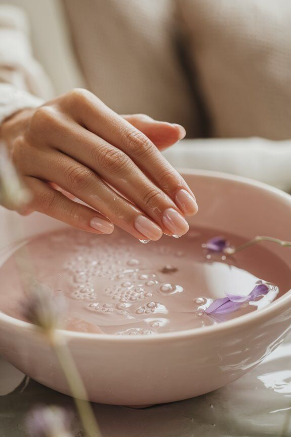 A close-up of a woman soaking her freshly manicured hands in a soft pink bowl filled with warm water and floating petals, symbolizing a relaxing at-home manicure experience.