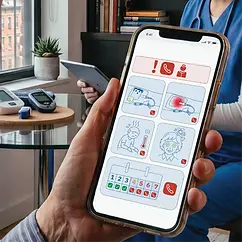Timertag Go user experience screen being viewed by a patient in their home. The user experience screen shows guidance on when to call their clinician for review of a peripheral IV due to complications, as well as some subtle guidance on when the peripheral IV is due for review based on dwell time.
