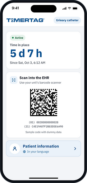 Timertag scan screen for a urinary catheter, showing time in place, a GS1 DataMatrix to scan into the EHR and a patient information button