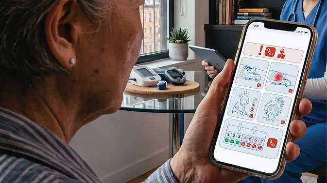 Timertag Go user experience screen being viewed by a patient in their home. The user experience screen shows guidance on when to call their clinician for review of a peripheral IV due to complications, as well as some subtle guidance on when the peripheral IV is due for review based on dwell time.
