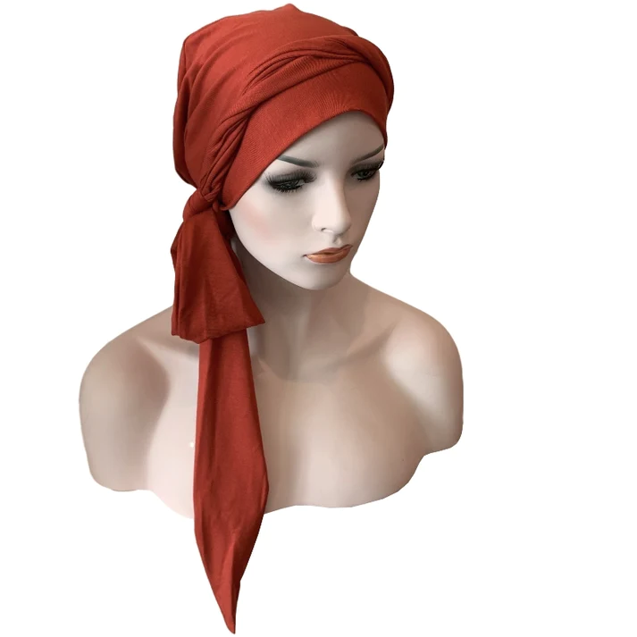 Chemo Cap with Attached Long Ties - Bamboo - Ochre