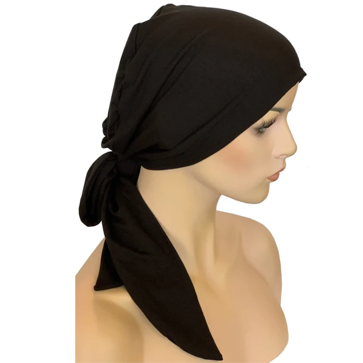 Chemo Cap with Attached Long Ties - Bamboo - Black