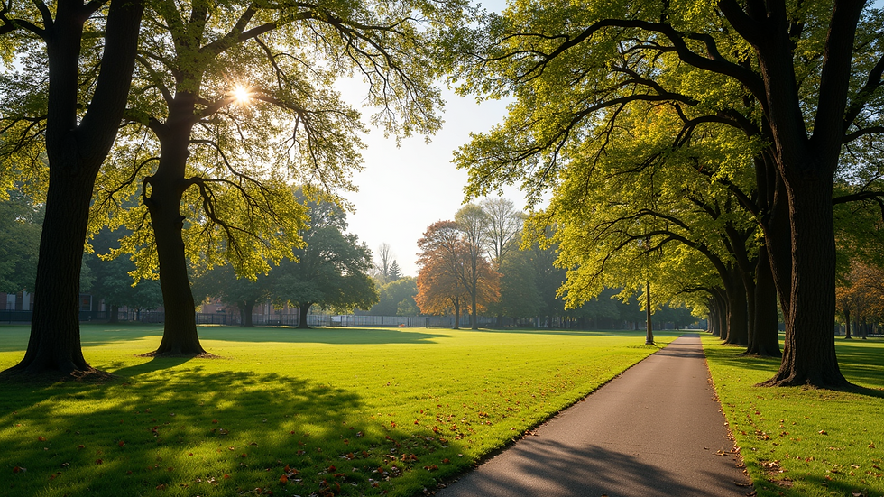 Wide angle view of a serene Wheaton park with trees and pathways