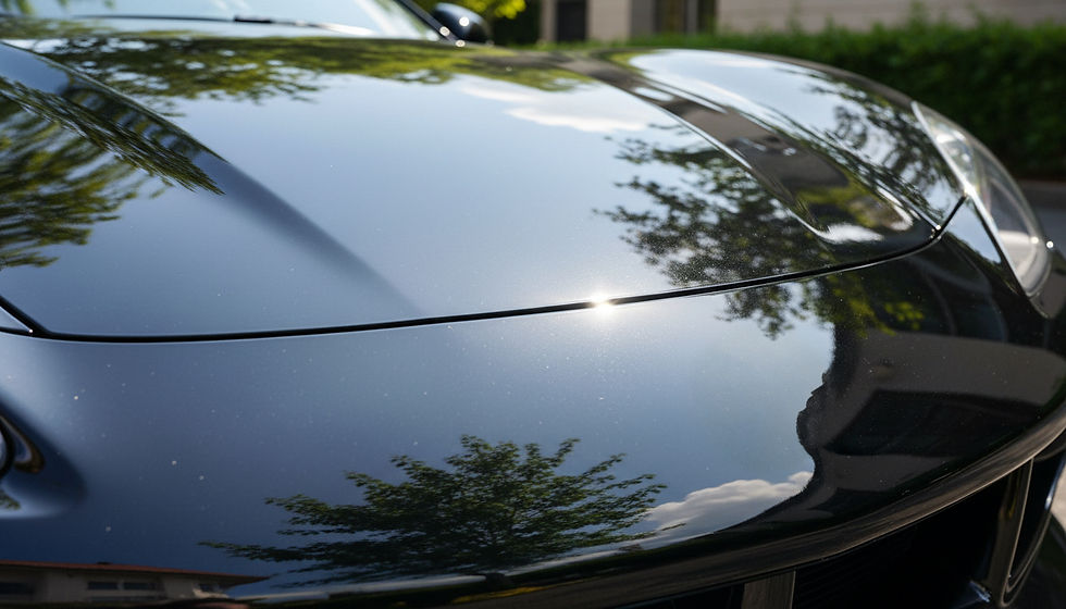 Close-up view of a shiny car hood reflecting sunlight