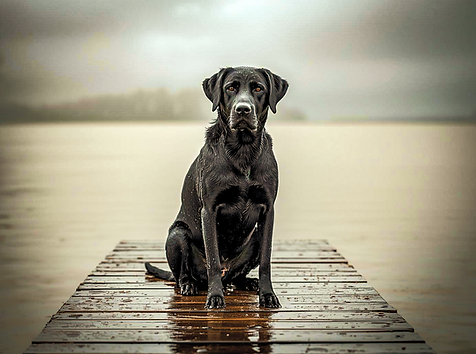Proud black Labrador sits on a jetty in Wirall.