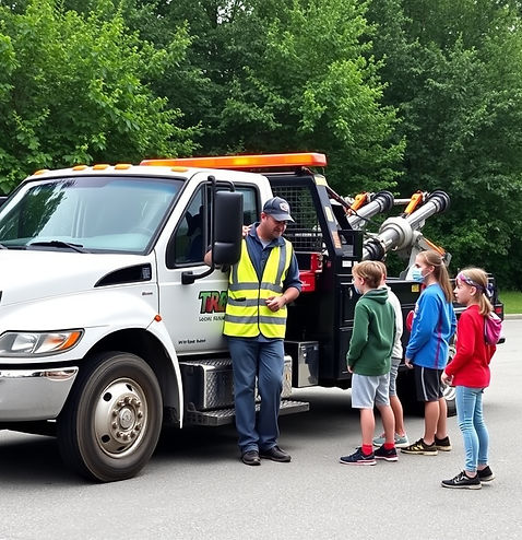 tow truck with teacher and students near