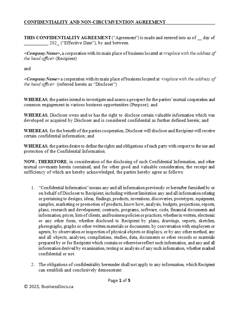 Confidentiality and Non-Circumvention Agreement