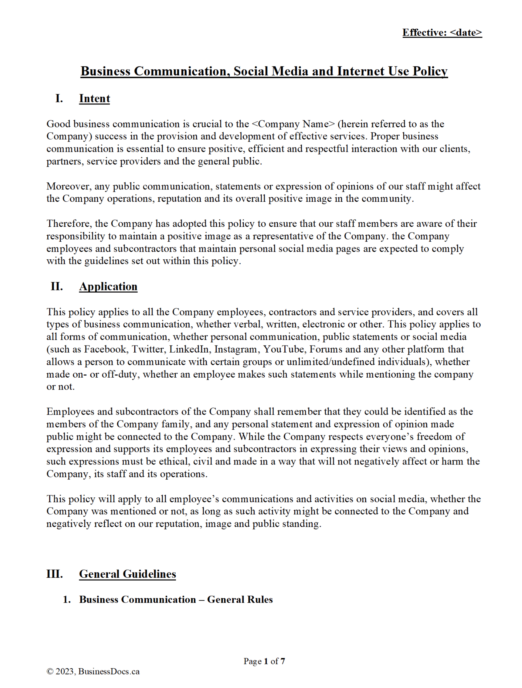 Business Communication, Social Media and Internet Use Policy