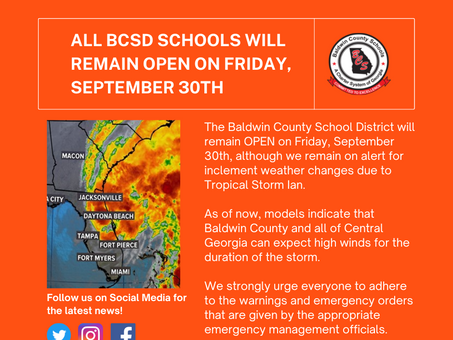 BCSD Schools to Remain Open On Friday, September 30th