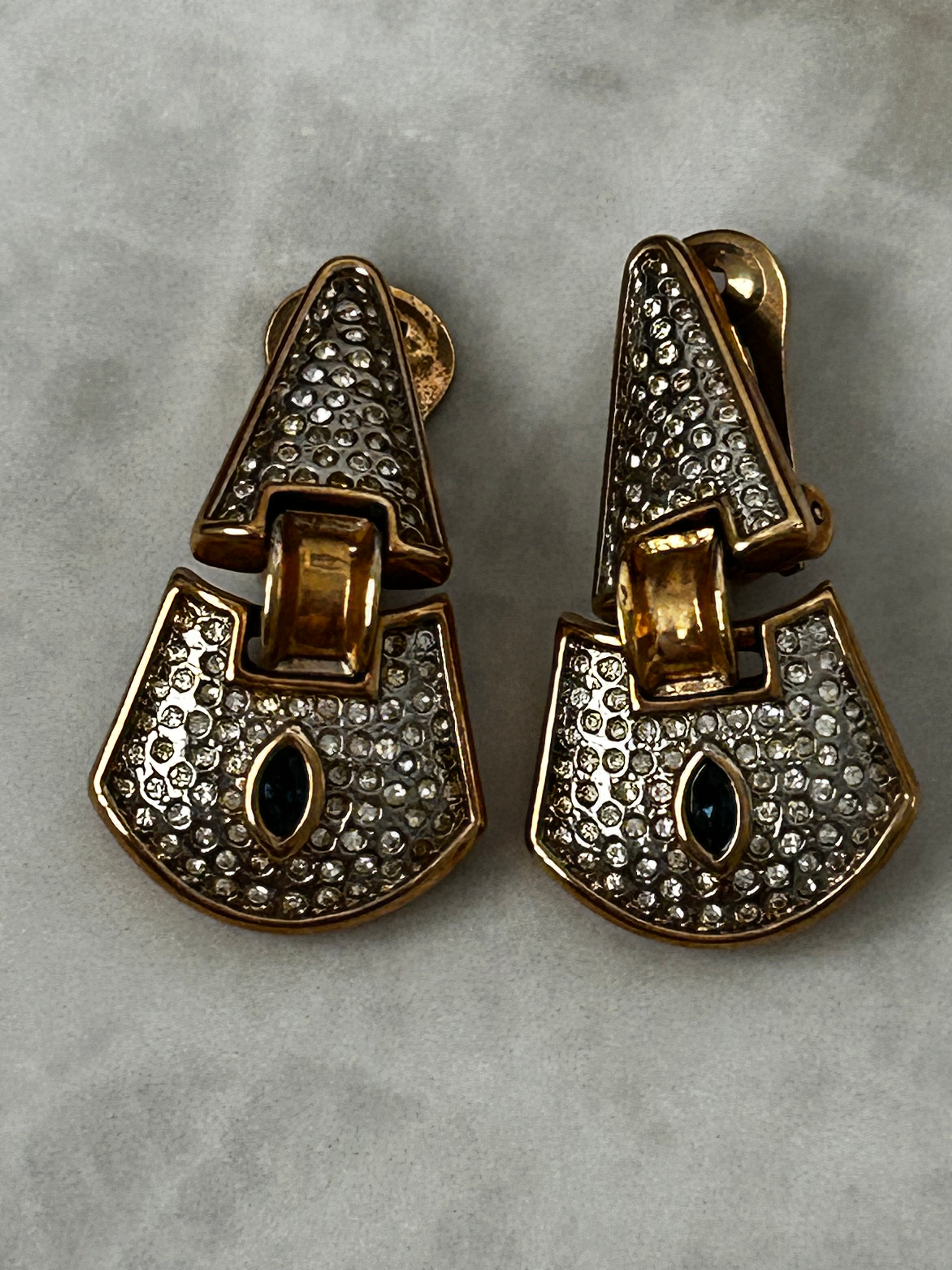 עגילי קליפס גאומטרי ציפוי זהב כחול וינטג׳ 