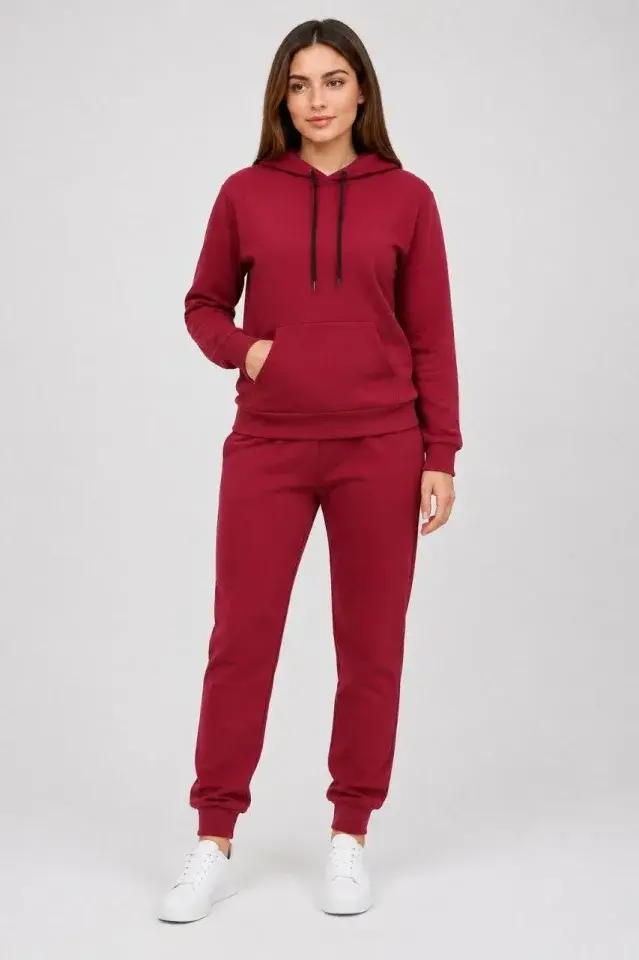 Thumbnail: İki,İplik,Kapüşonlu,Kanguru,Cepli,Jogger,Alt,Üst,Eşofman,Takımı,-,Bordo