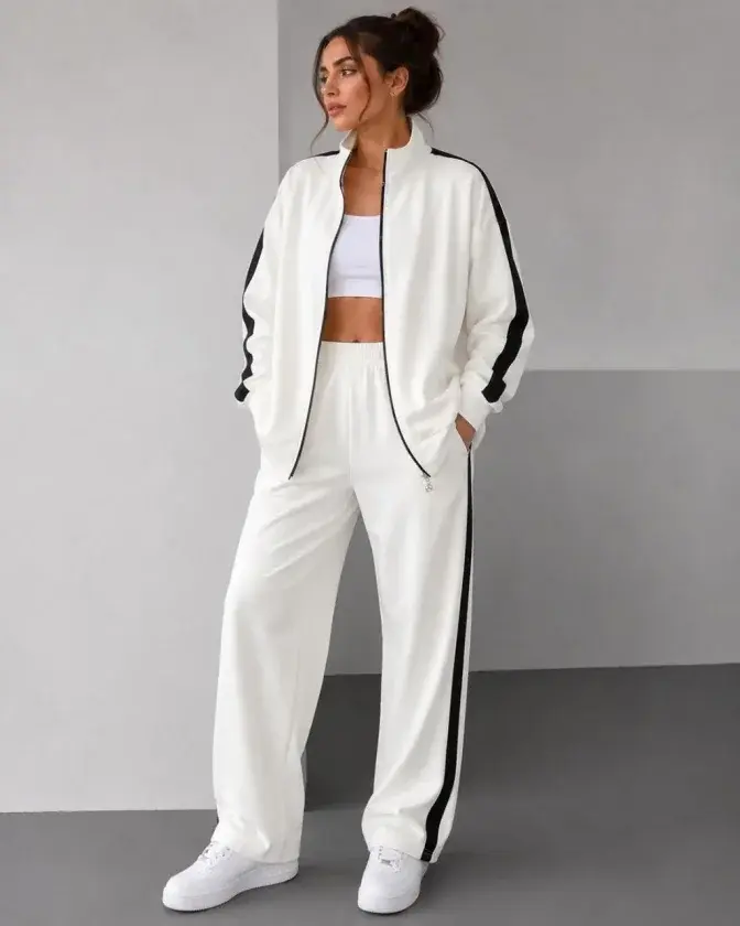 Scuba,Kumaş,Oversize,Şerit,Detaylı,Fermuarlı,Alt,Üst,Eşofman,Takımı,-,Beyaz