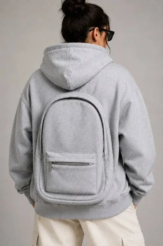 3,İplik,Şardonlu,Tam,Fermuarlı,Kapüşonlu,Arka,Çanta,Detaylı,Sweatshirt,-,Gri