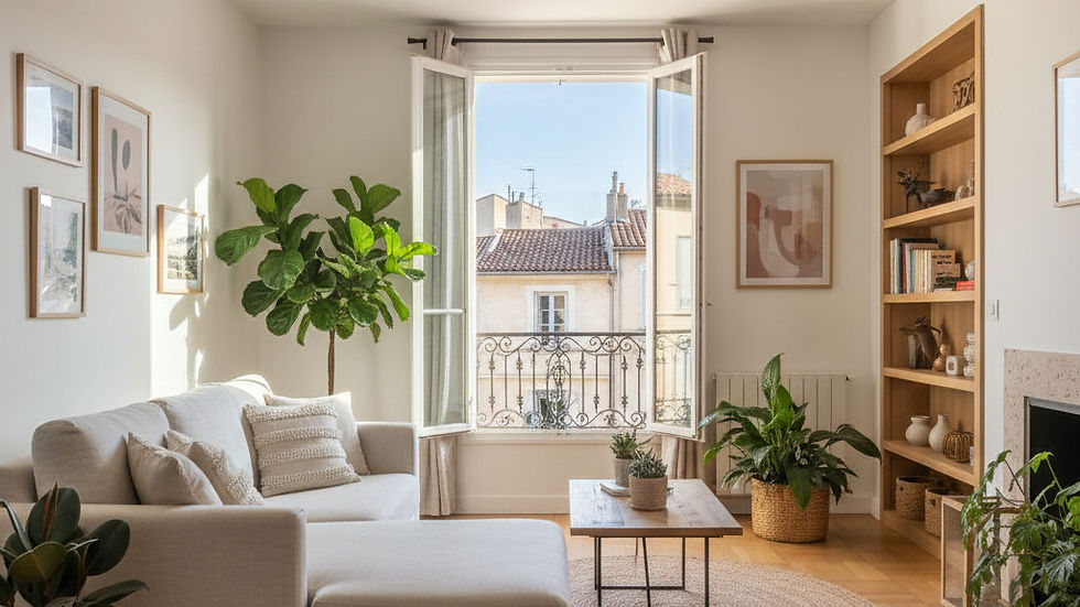Rentabilité Airbnb Montpellier : salon lumineux d'un T3 meublé avec vue sur les toits