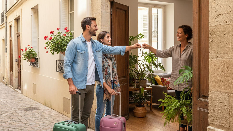 Taxe de séjour Airbnb 2026 : voyageurs accueillis dans une location meublée de courte durée