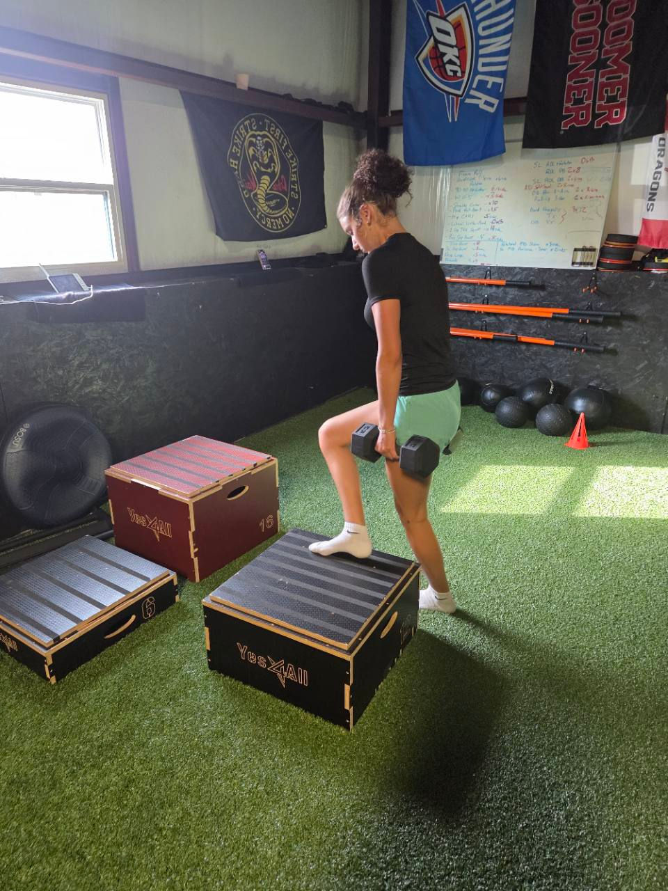 High school athlete performing a loaded step-up during strength and coordination training at Elite Fitness Lab.