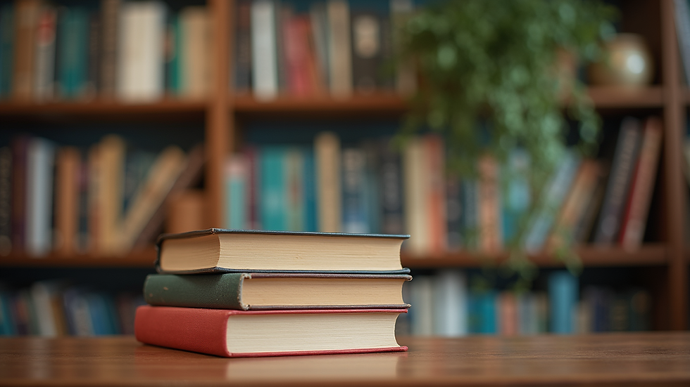 Close-up view of a cozy reading nook with a stack of colorful books