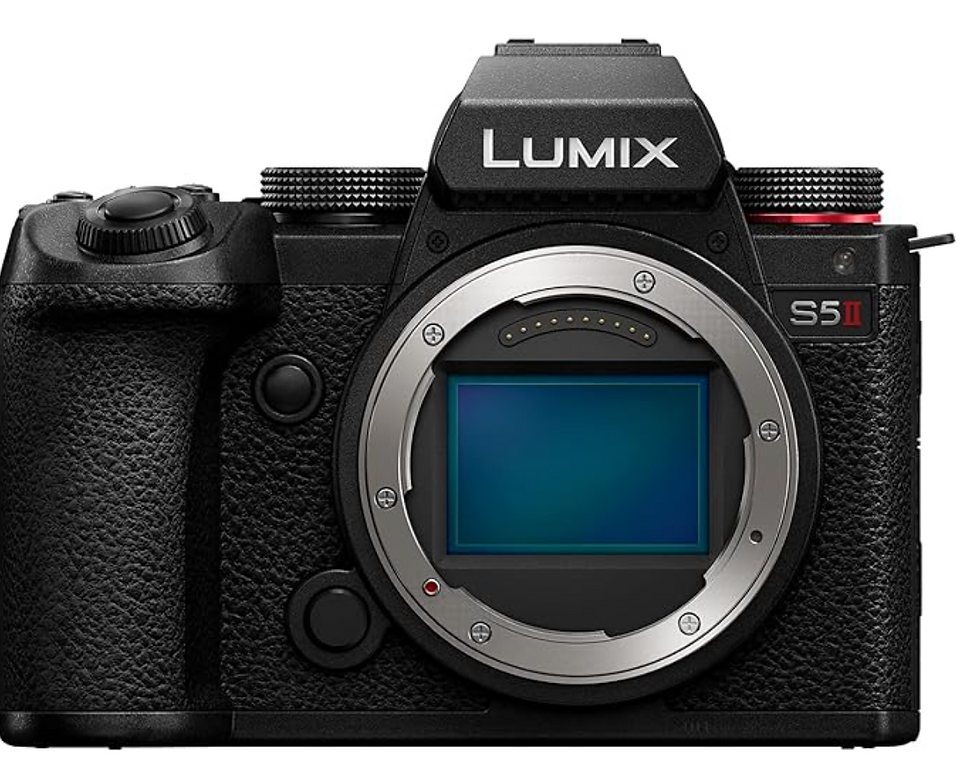 Black Lumix S5 II camera body with textured grip and visible sensor. Text "LUMIX" on the top and "S5 II" on the side.