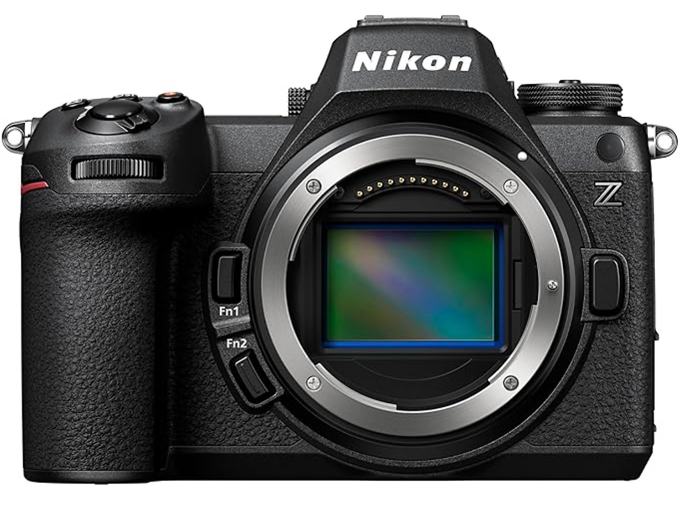 Black Nikon Z camera body with silver lens mount, showing sensor. "Nikon" in white on top. Minimalistic design, no background.