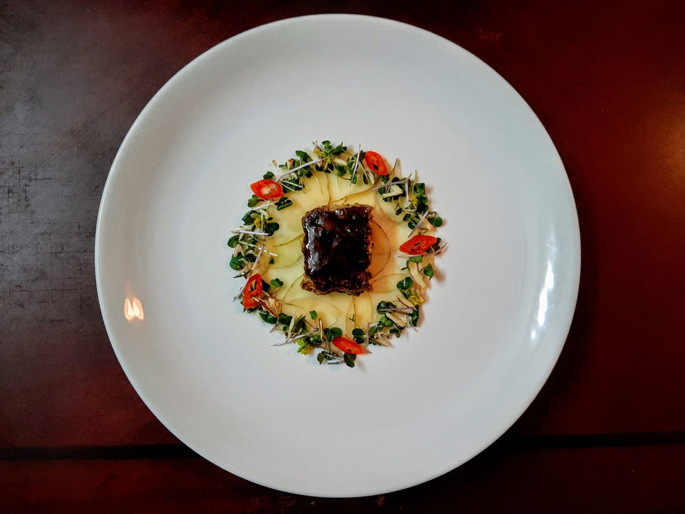 Salisbury steak, pomegranate balsamic glaze, butter poached potato