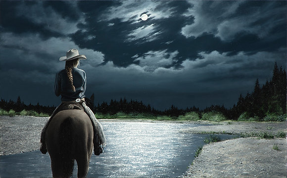 Yellowstone Midnight Cowgirl - 30x48 - Hand Enhanced Giclee on Canvas
