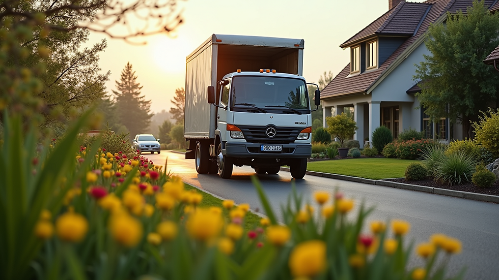 Eye-level view of a delivery truck unloading landscaping materials at a garden site