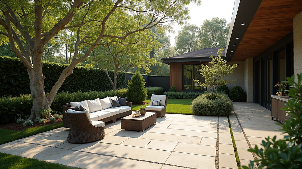 Wide angle view of a backyard with a stone patio and outdoor seating