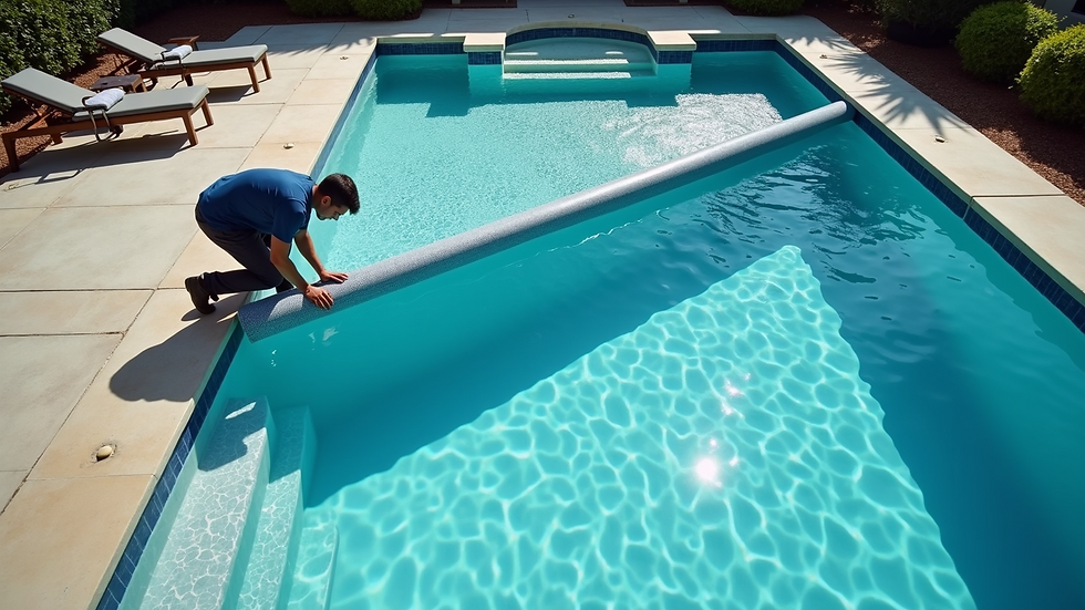 High angle view of a technician installing a pool cover on a rectangular pool