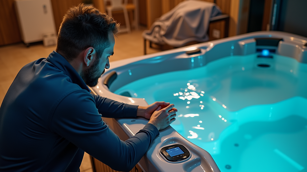 High angle view of a technician inspecting a hot tub control panel