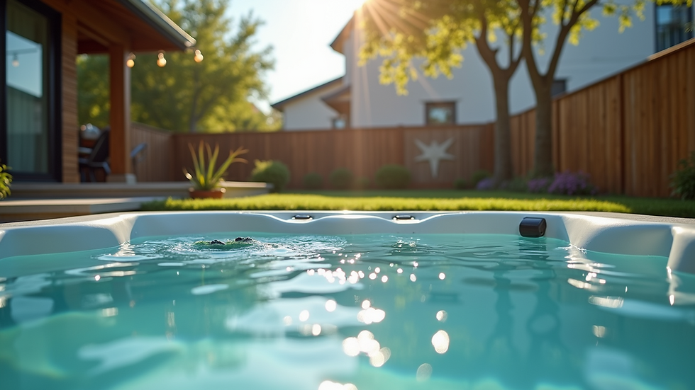 Eye-level view of a clean, modern refurbished hot tub in a backyard