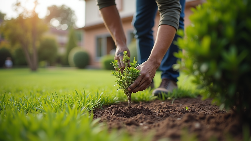 Close-up view of a professional landscaper planting a shrub in a residential garden