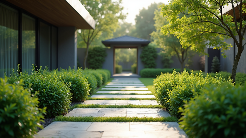 Eye-level view of a modern garden with stone pathways and lush greenery