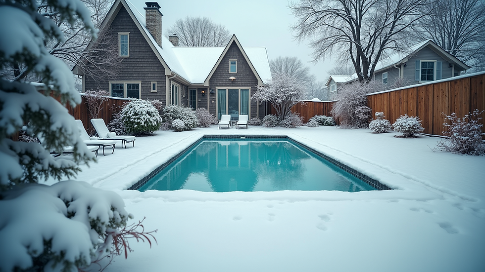 High angle view of snow-covered backyard with pool