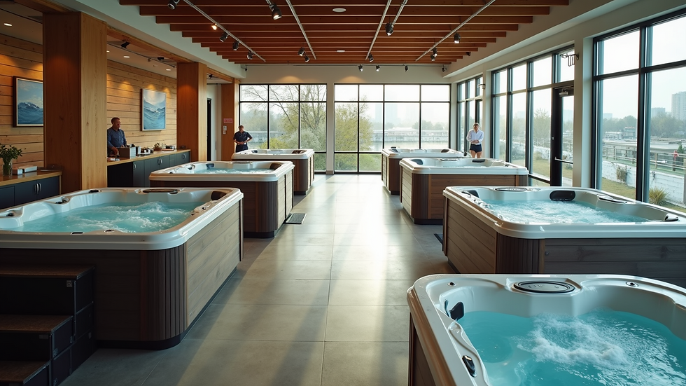 High angle view of a hot tub showroom with multiple models on display