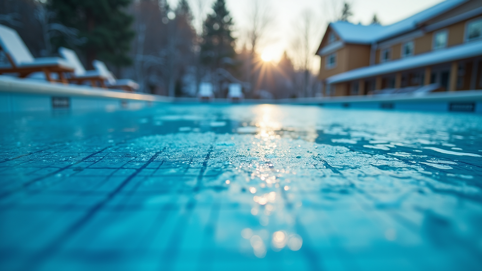 Close-up view of pool cover on a winterized swimming pool