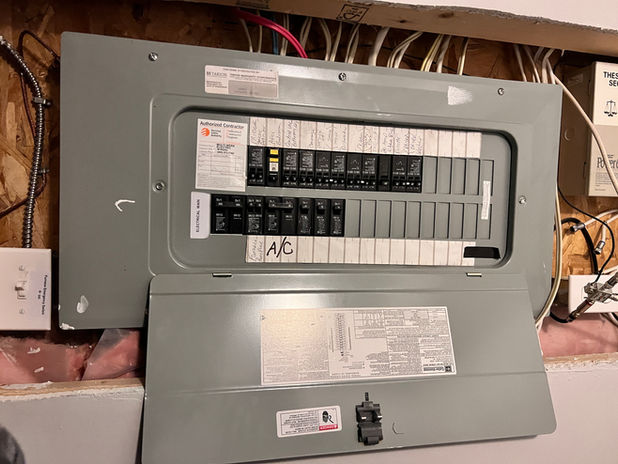 The 200 Amps electric panel with a transparent cover, allowing you to see the organized arrangement of wires and breakers