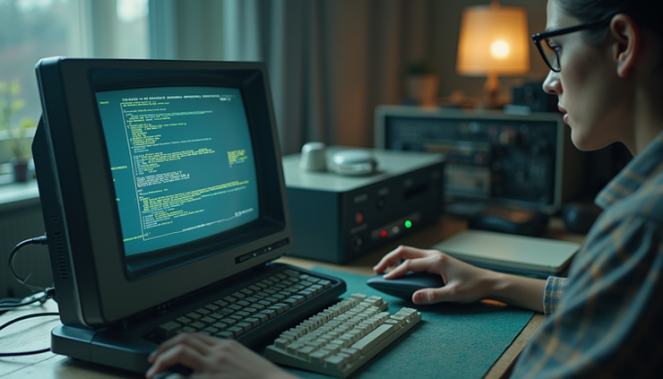 Vista frontal de una antigua computadora con componentes visibles, representando los inicios de la inteligencia artificial