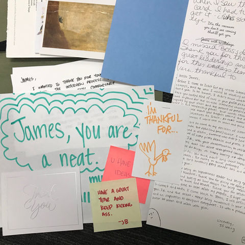 photograph of thank you notes and letters from employees.