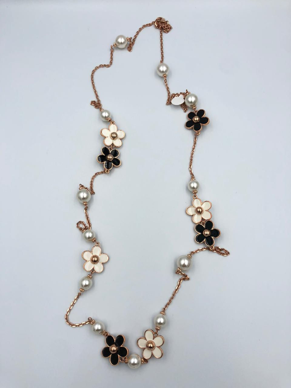 Miniatura: collar largo rose gold con perlas y flores