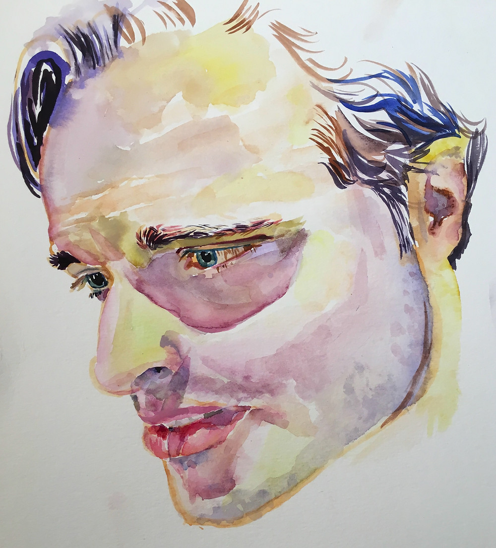 A bright yet earthy-toned watercolor portrait of a man.
