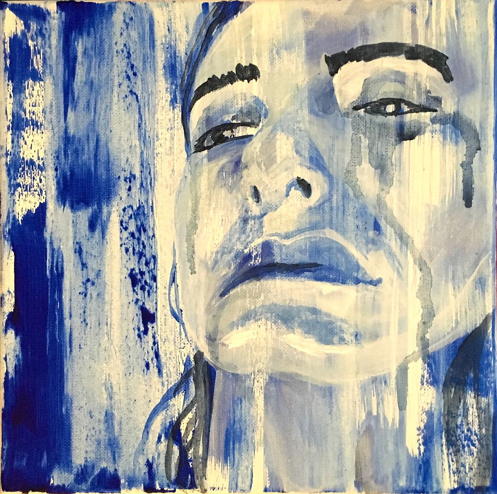 A monochromatic acrylic self-portrait of a female artist with royal blue streaks on the canvas, as rain on a window.