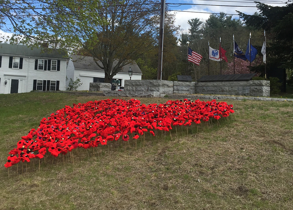 Close up image of homemade poppies forming a heart on town green