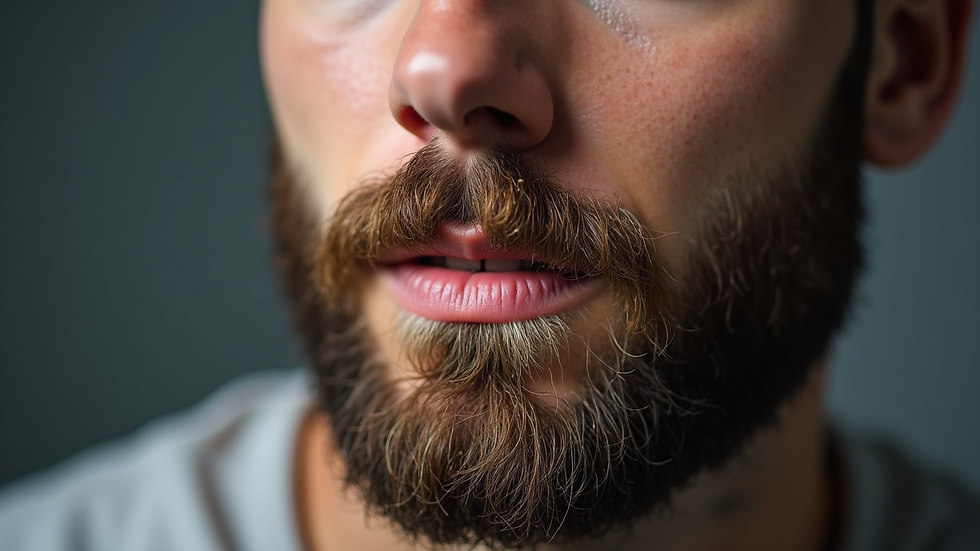 Eye-level view of a neatly trimmed beard with natural shine