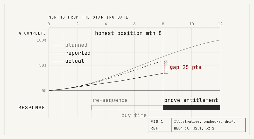 Cumulative progress curves on an axis of months from the starting date. Planned progress, in grey, rises to 100 per cent at month 12. Reported progress, dashed, stays close to plan. Actual progress, established from the records, falls away from month 3 and stands at 34 per cent at the data date in month 8, against 59 per cent reported, a 25-point gap hatched in red. Beneath the curves, the response available narrows from re-sequencing in months 3 to 5 to buying time in months 5 to 8, leaving proving entitlement from month 8, which is why programme recovery should start on the evidence of drift.
