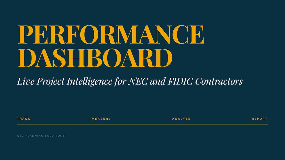 Contractor performance dashboard: NEC Planning Solutions branded article thumbnail on the live project intelligence dashboard built for NEC and FIDIC contractors, covering SPI tracking, plan-versus-actual progress, obstacles, compensation event evidence and tender-stage proof of reporting maturity.