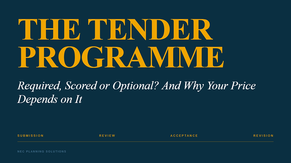 Tender programme for small contractors: NEC Planning Solutions branded article thumbnail answering when small industrial contractors must submit a tender programme on NEC bids, covering mandatory ITT requirements, scored quality submissions, and why the bid price depends on the programme even when nobody asks for it.