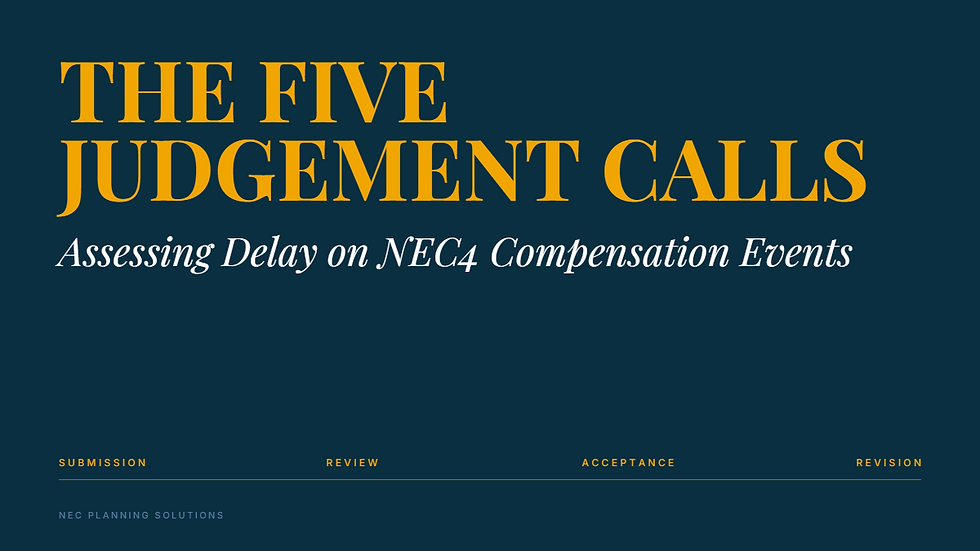 Assess NEC4 compensation events: NEC Planning Solutions branded article thumbnail on the five judgement calls that decide how much delay a contractor recovers, covering the baseline state, the propagation path, the dividing date split, the mitigation boundary and the allowance treatment under clause 63.5.
