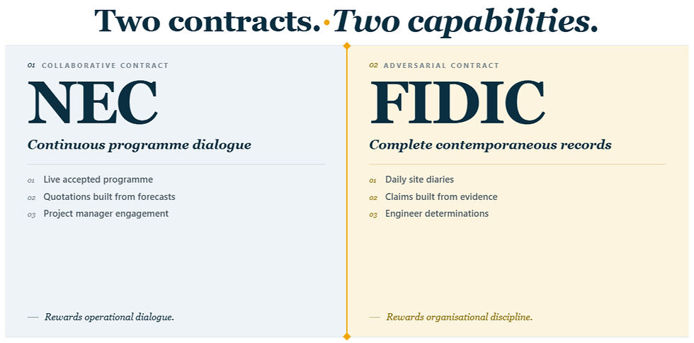 NEC vs FIDIC comparison diagram showing how the two contracts reward fundamentally different organisational capabilities: continuous programme dialogue for NEC versus complete contemporaneous records for FIDIC. NEC Planning Solutions analysis for contractors working across both contract regimes in the UK and internationally.